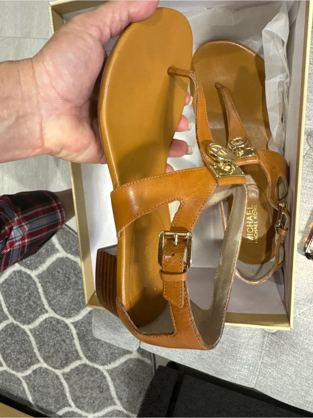 MICHAEL Michael Kors Tan Leather T-Strap Sandals with Gold MK Medallions
